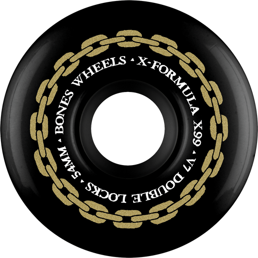 Black wheel with gold chain design and text on a white background