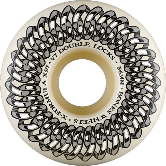 Skateboard wheel with chain design and branding on a white background