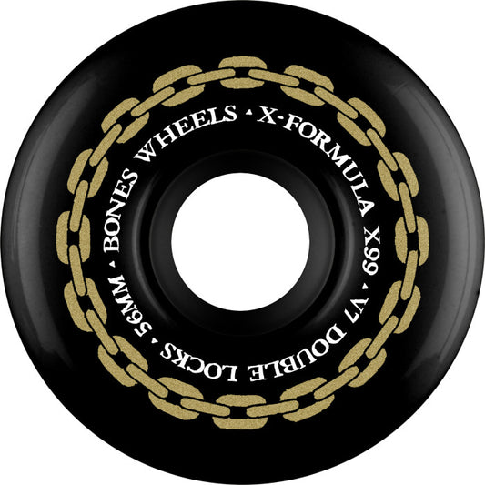 Black wheel with gold chain design and text on a white background