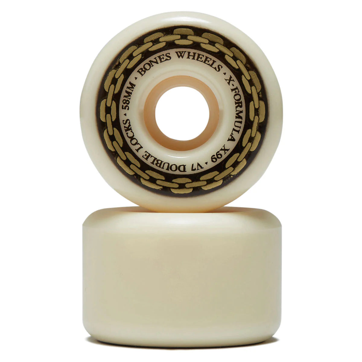 Two skateboard wheels with visible branding on a white background
