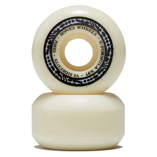 Two white skateboard wheels with black text on a white background
