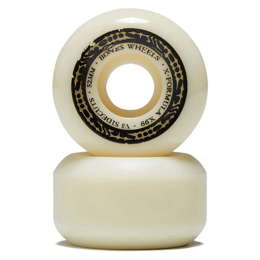 Two white skateboard wheels with black text on a white background