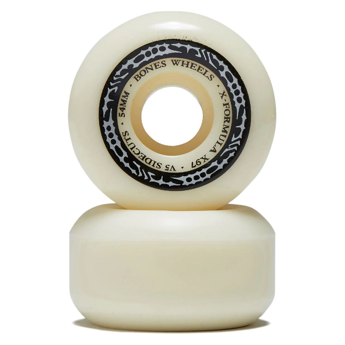 Two white skateboard wheels with a black center label on a white background
