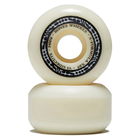 Two white skateboard wheels with a black center label on a white background