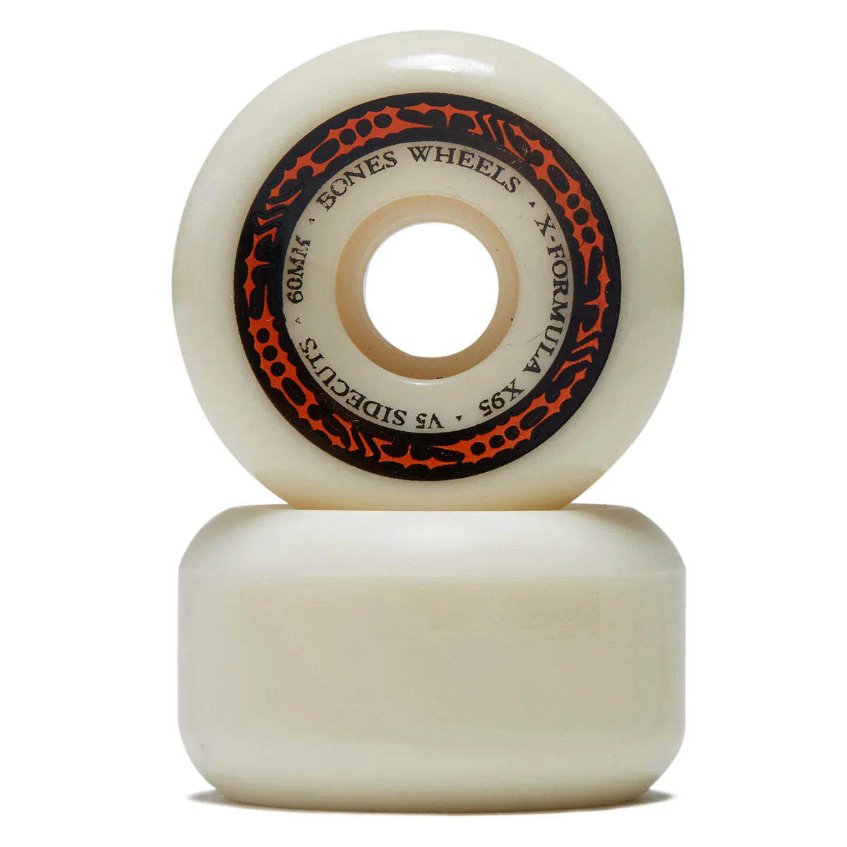 Two white skateboard wheels with a black and orange center on a white background