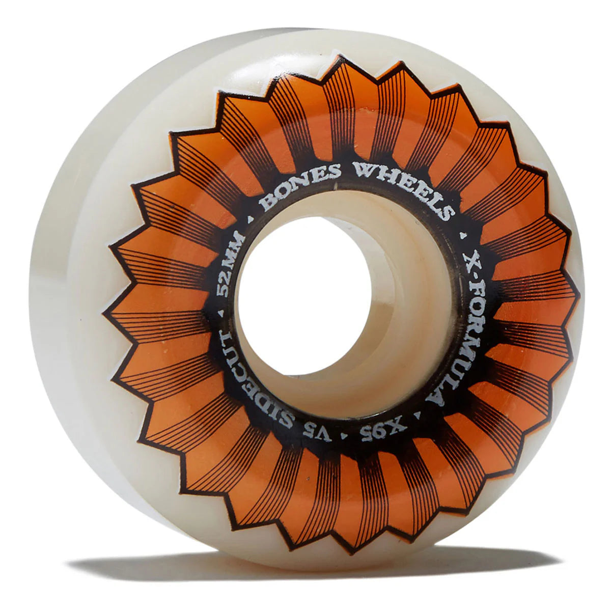 Skateboard wheel with orange and black design on a white background