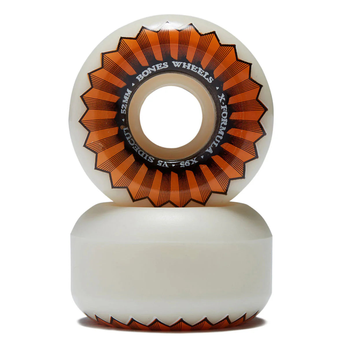 Two skateboard wheels with orange and black design on a white background