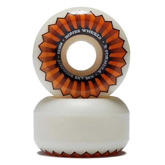 Two skateboard wheels with orange and black design on a white background