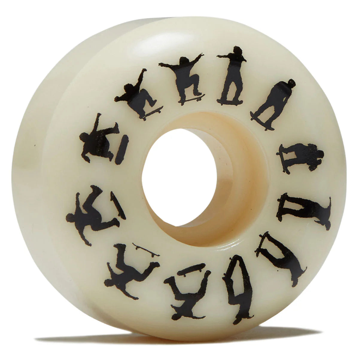 An off-white skateboard wheel featuring black silhouettes of skateboarders performing tricks, shown on a white background.