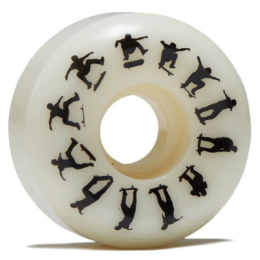 An off-white skateboard wheel featuring black silhouettes of skateboarders and snowboarders printed around the inner ring, shown on a white background.