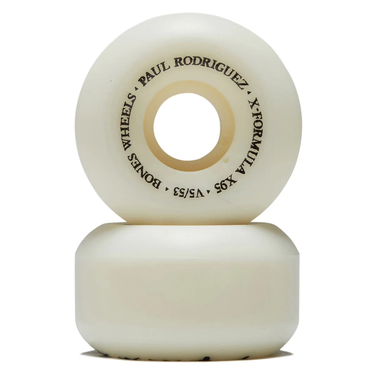 Two off-white skateboard wheels stacked vertically on a white background, with the top wheel showing printed text that reads 'BONES WHEELS PAUL RODRIGUEZ XFORMULA X S-GRIP V5/53'.
