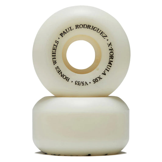 Two off-white skateboard wheels stacked vertically on a white background, with the top wheel showing printed text that reads 'BONES WHEELS PAUL RODRIGUEZ XFORMULA X S-GRIP V5/53'.