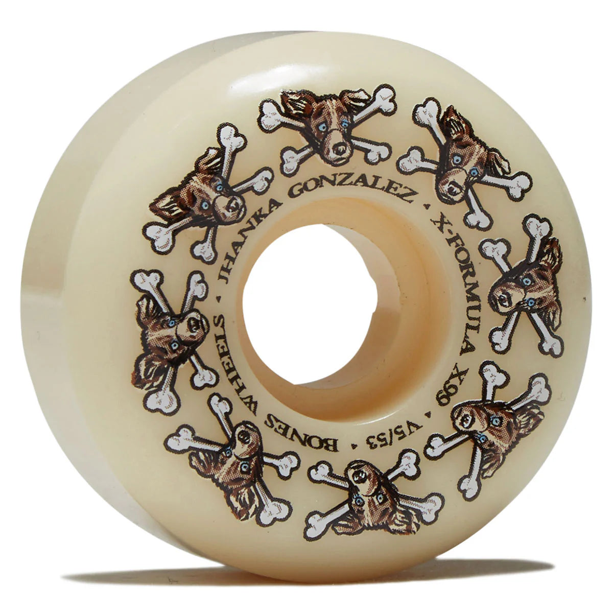 An off-white skateboard wheel featuring a repeating graphic of a brown cartoon dog head with a white bone and black outline. The text 'JHANKA GONZALEZ', 'X-FORMULA XS', and 'BONES WHEELS' is printed in black around the inner ring.