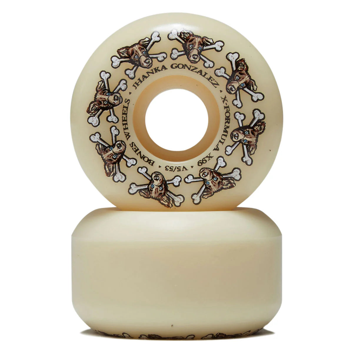 A cream-colored skateboard wheel stacked on top of another wheel, featuring a repeating brown and white skull and crossbones pattern with text reading 'MANKA GONZALEZ x FORMUL x DONKS' and '90/5/54'.