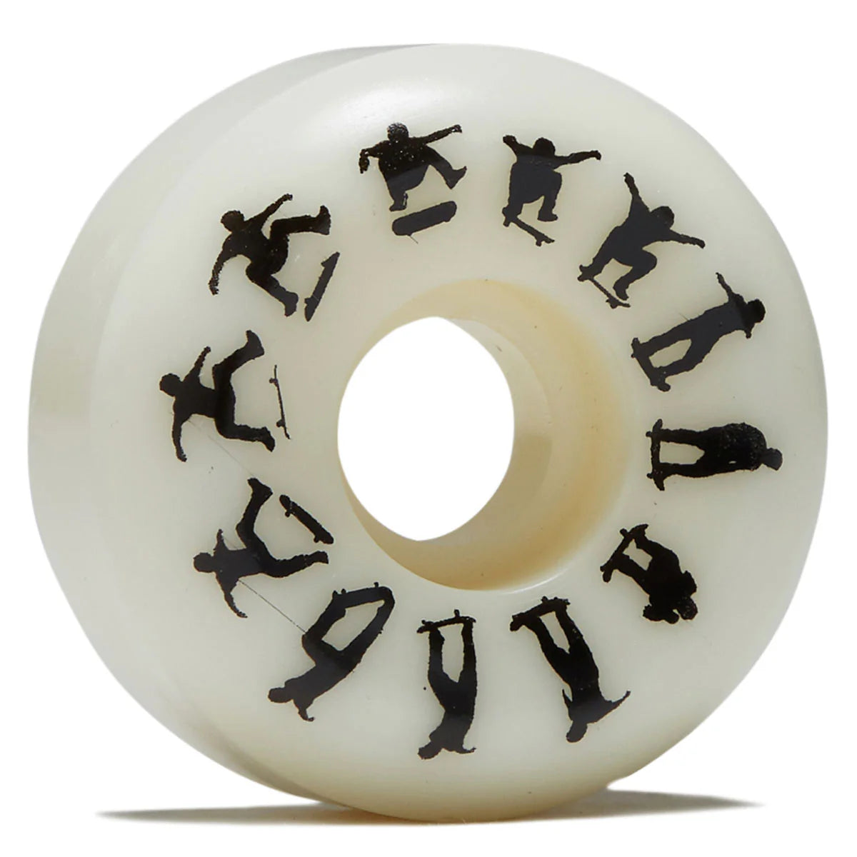 An off-white skateboard wheel featuring black skateboarder silhouettes printed around the inner ring, shown on a clean white background.