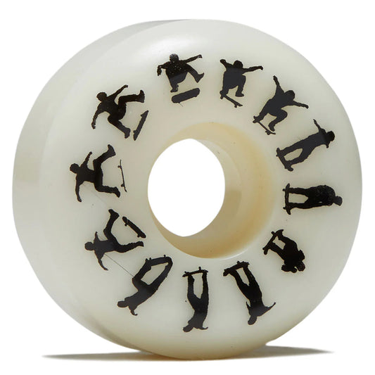 An off-white skateboard wheel featuring black skateboarder silhouettes printed around the inner ring, shown on a clean white background.