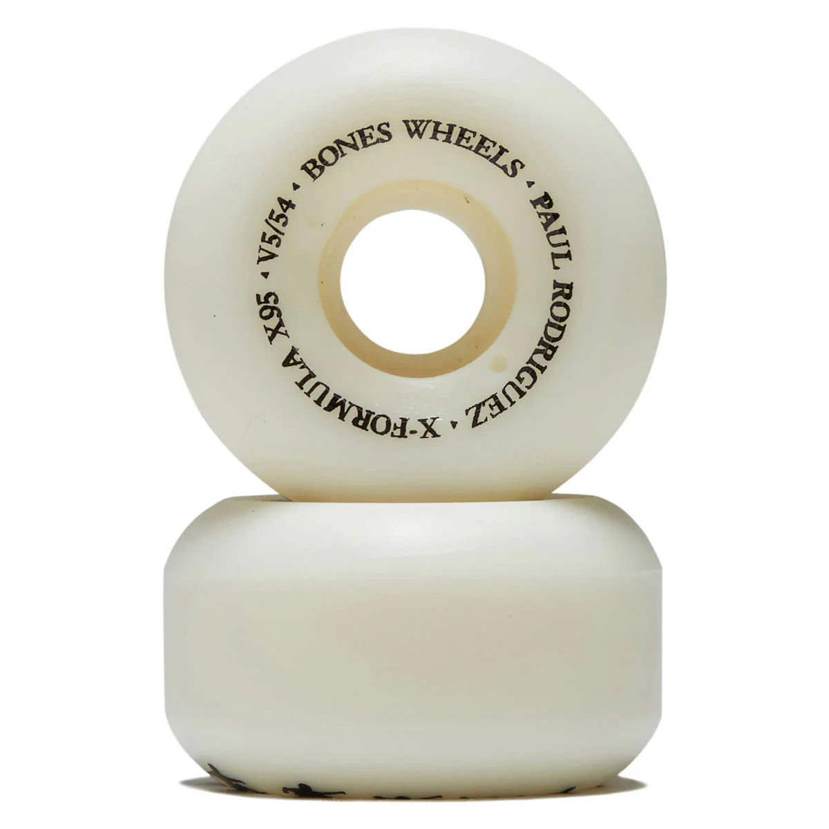 Two off-white skateboard wheels stacked vertically on a white background, with black printed text on the top wheel reading 'BONES WHEELS • PAUL RODRIGUEZ • X-FORMULA-X'.