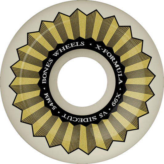 Skateboard wheel with yellow and black design on a white background