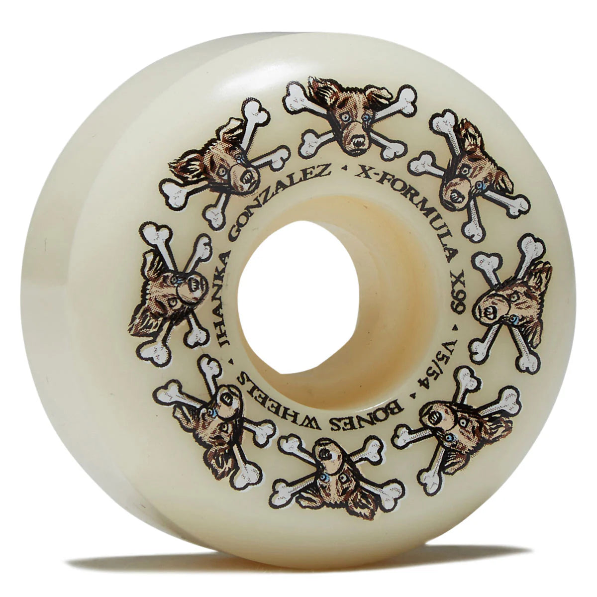 An off-white skateboard wheel with a repeating graphic of a dog skull and crossbones and black text reading 'HANKA GONZALEZ X-FORMULA X5' and 'BONES WHEELS'.