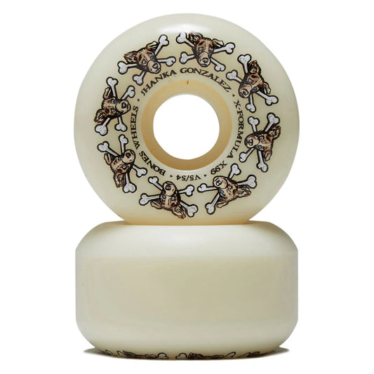 An off-white skateboard wheel stacked on top of another wheel, featuring a printed design of skulls and bones with the text 'SHANKA GONZALEZ WHEELS' and 'FORMULA X'.
