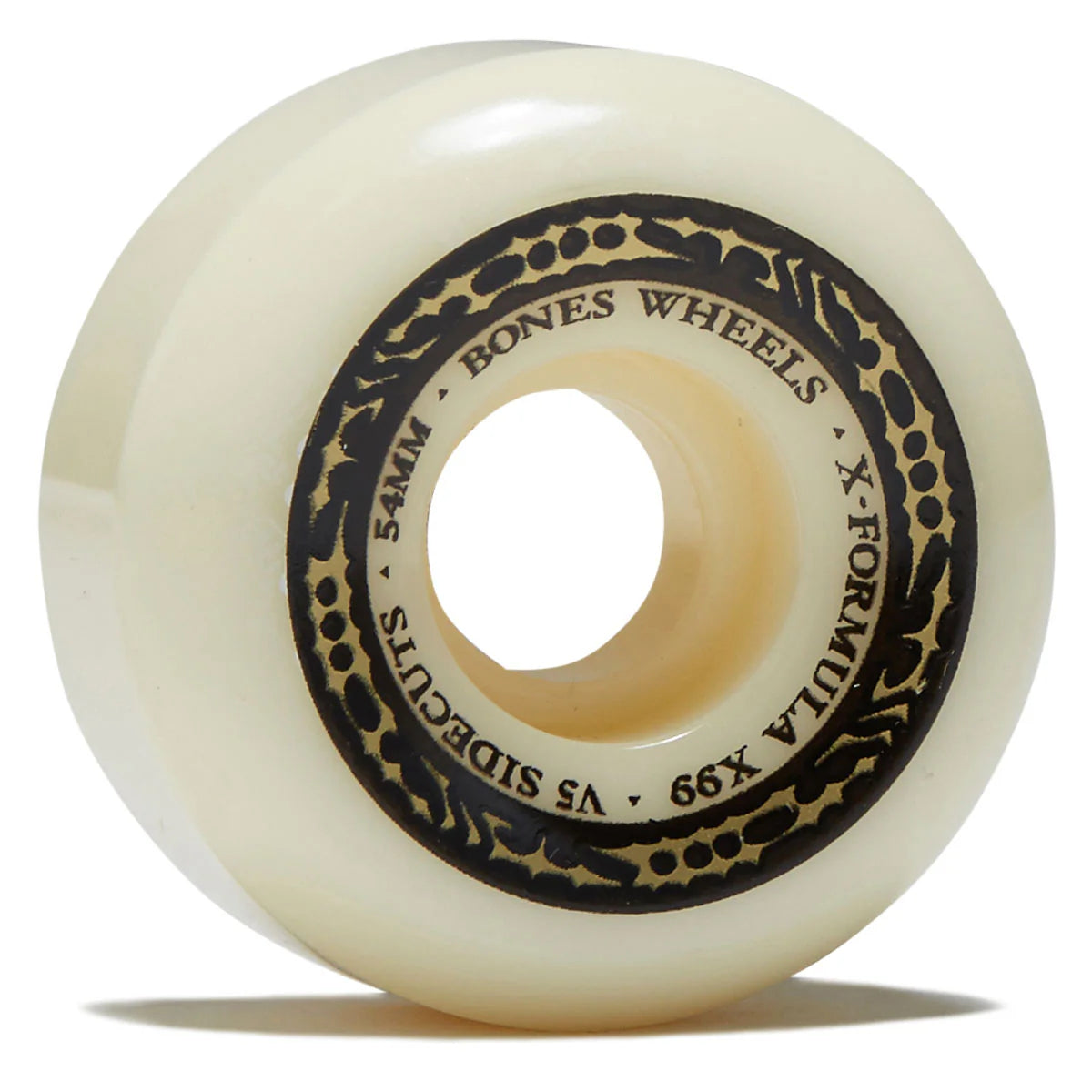 White skateboard wheel with black text and design on a white background