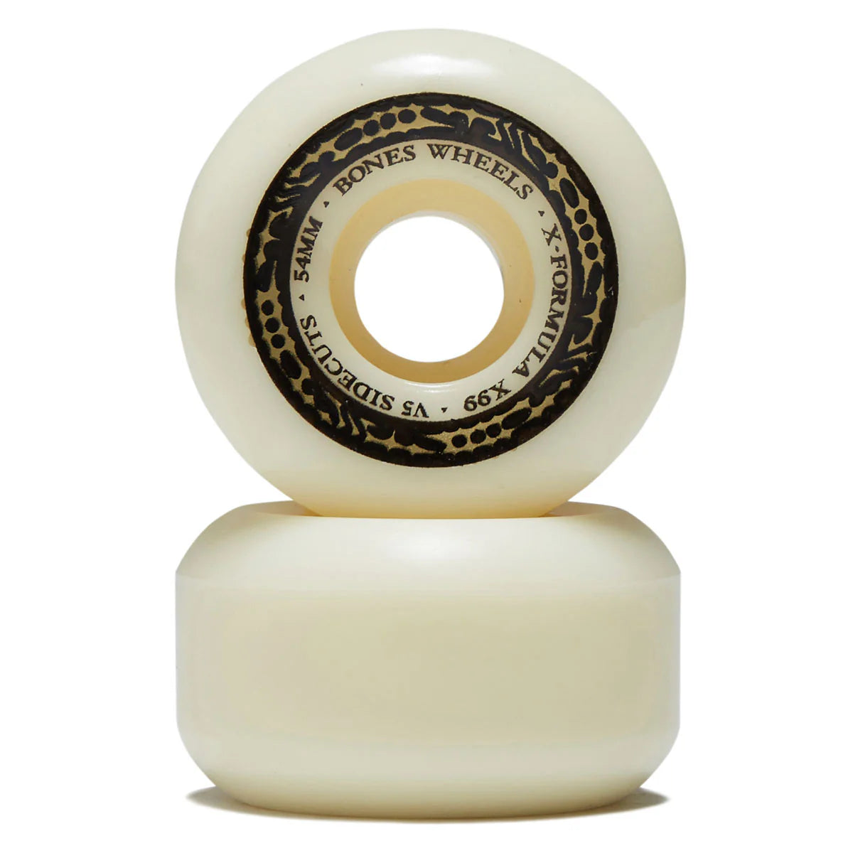 Two white skateboard wheels with black text on a white background