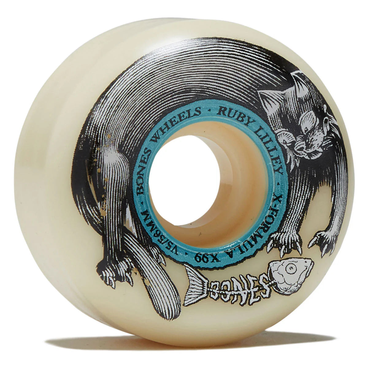 Skateboard wheel with black and white graphics and 'Bones Wheels' branding on a beige background