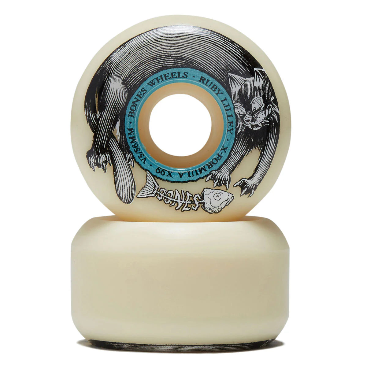 A cream-colored skateboard wheel stacked on top of its matching base, featuring a black cat illustration and a turquoise ring with text on a white background.