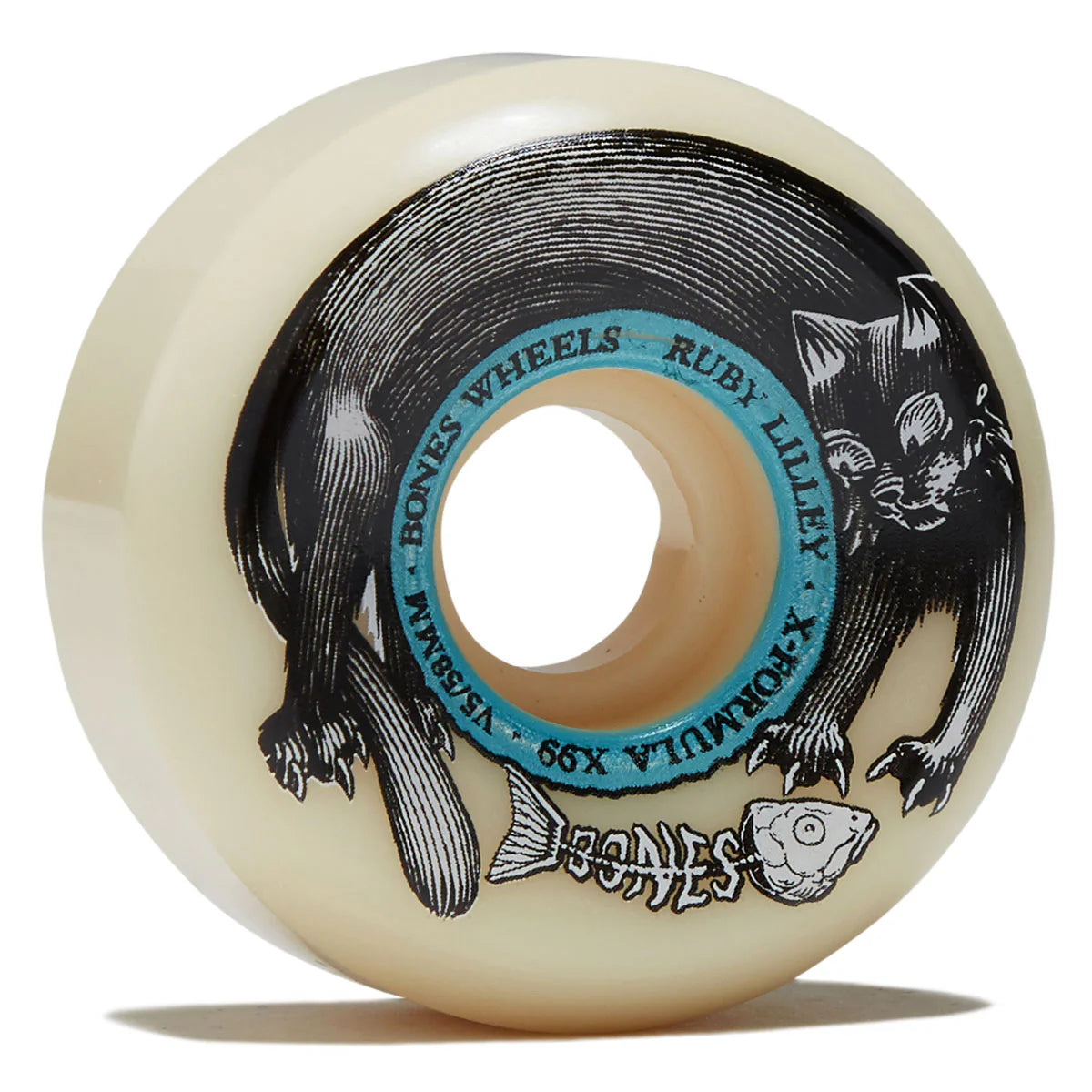Skateboard wheel with artistic design and branding on a white background