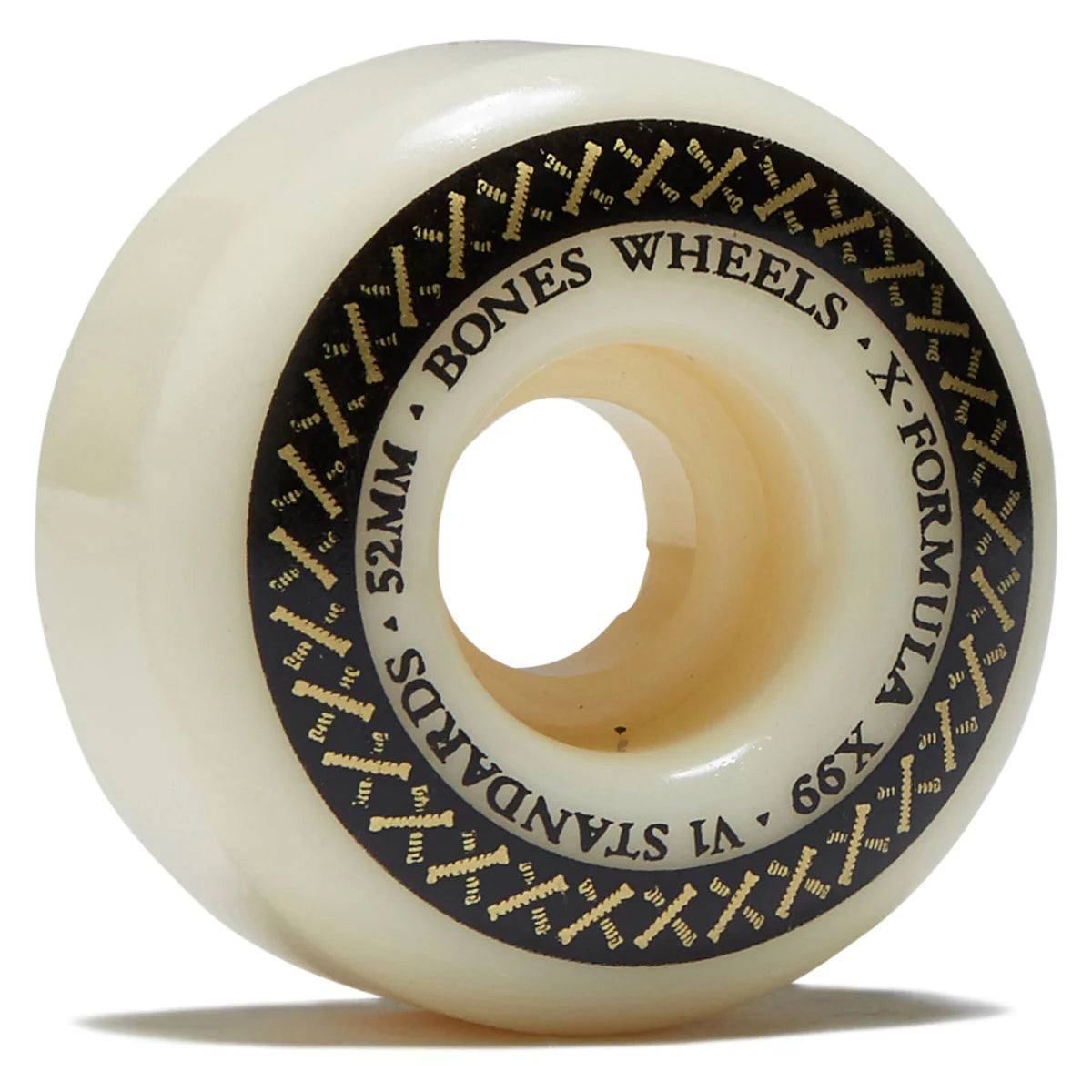 White skateboard wheel with black and gold text on a white background