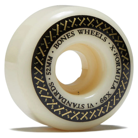 White skateboard wheel with black and gold text on a white background