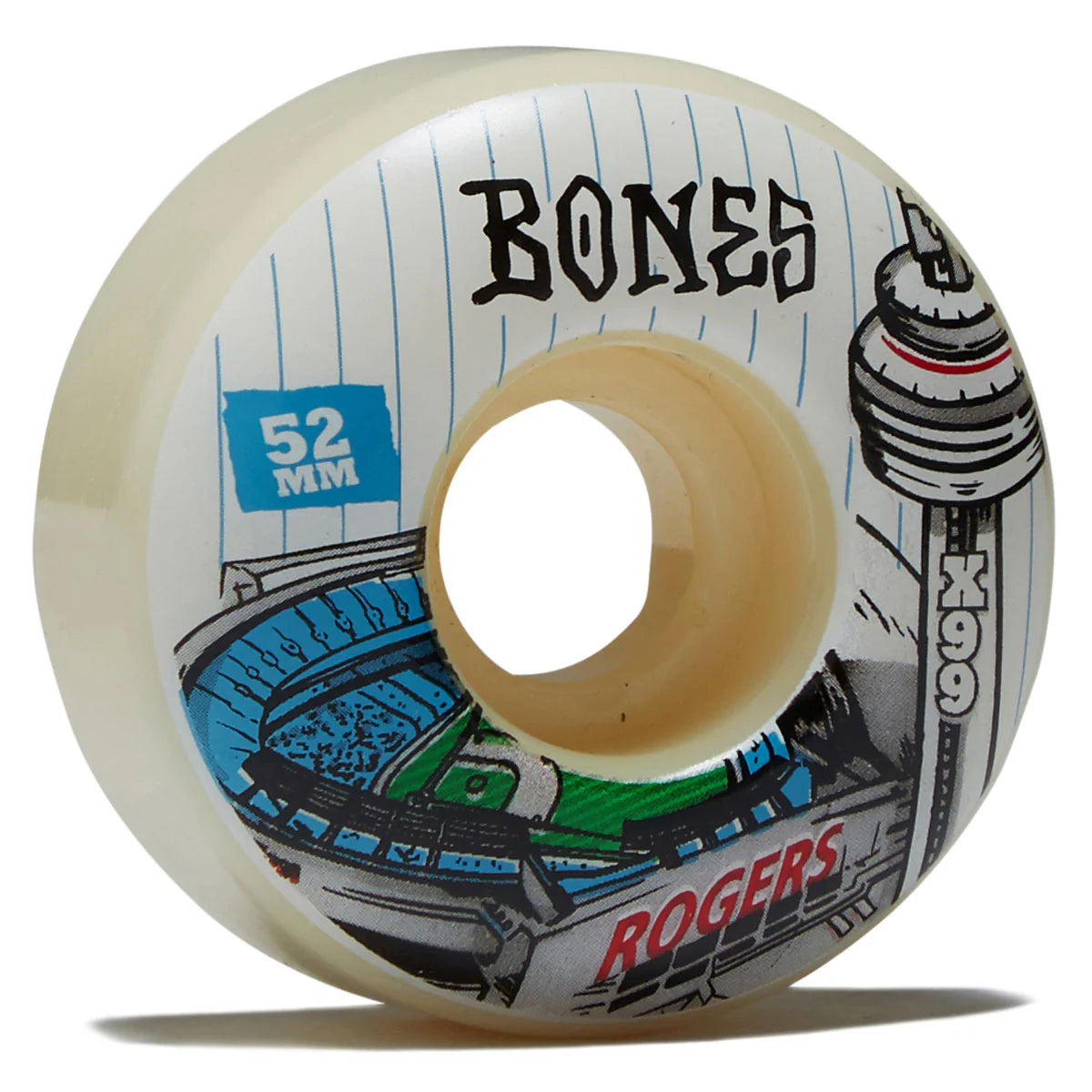 Skateboard wheel with 'Bones' branding and design on a white background