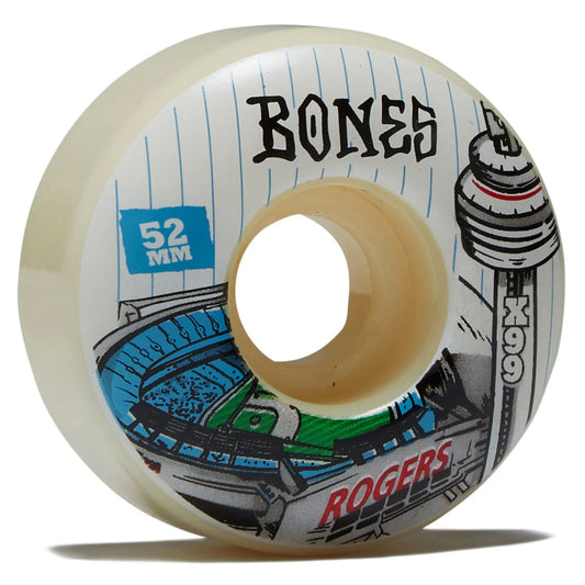 Skateboard wheel with 'Bones' branding and design on a white background
