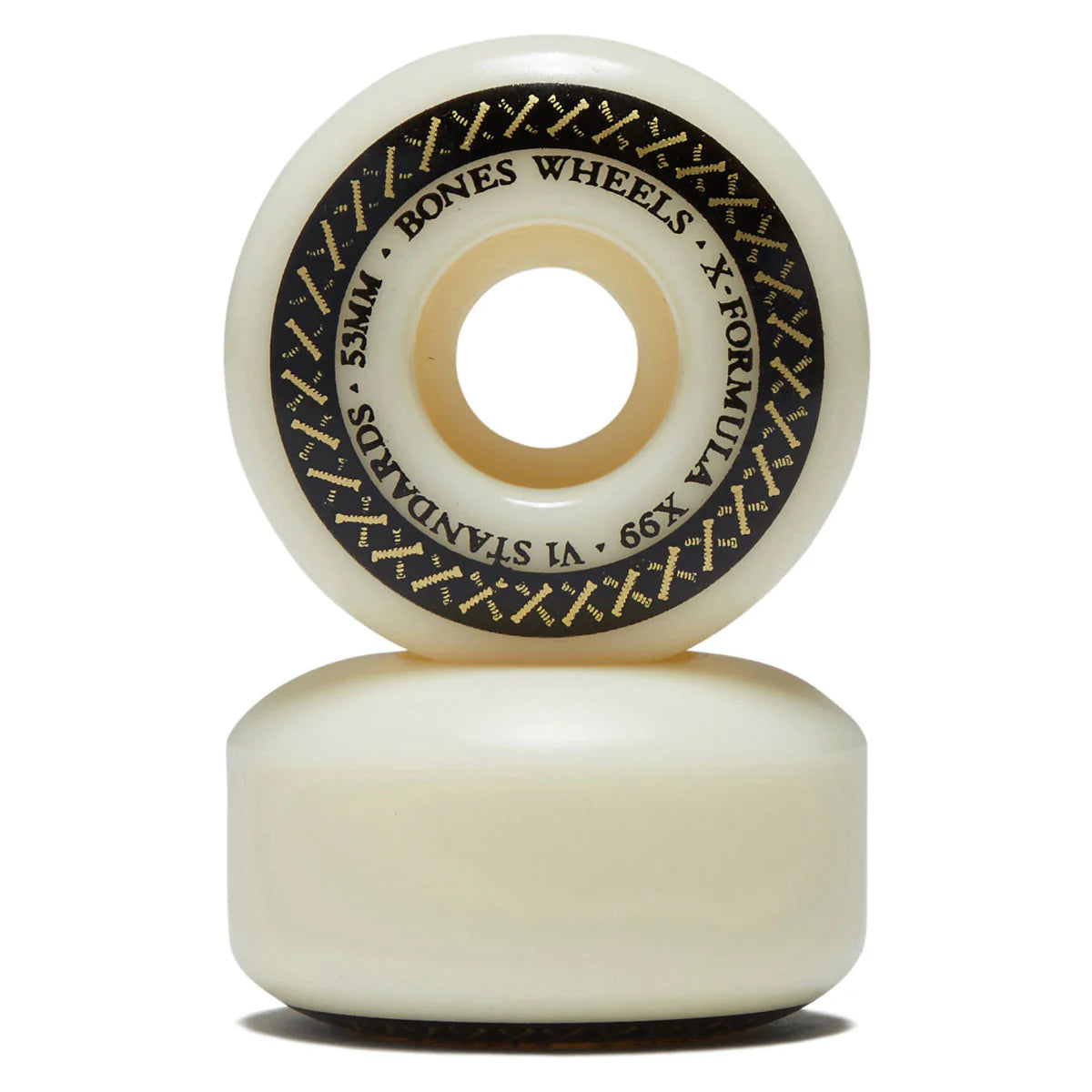 Two white skateboard wheels with black text on a white background