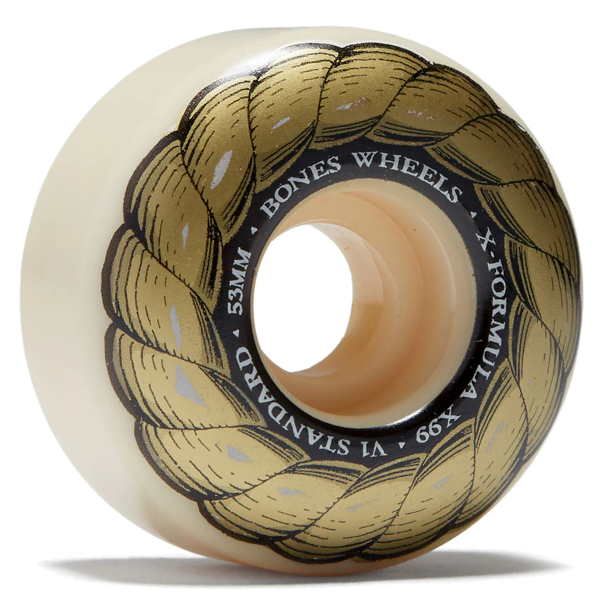 Skateboard wheel with decorative design and 'Bones Wheels' branding on a white background