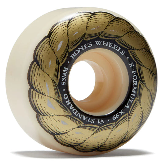 Skateboard wheel with decorative design and 'Bones Wheels' branding on a white background