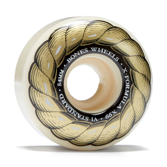 Skateboard wheel with intricate design and 'Bones Wheels' branding on a white background