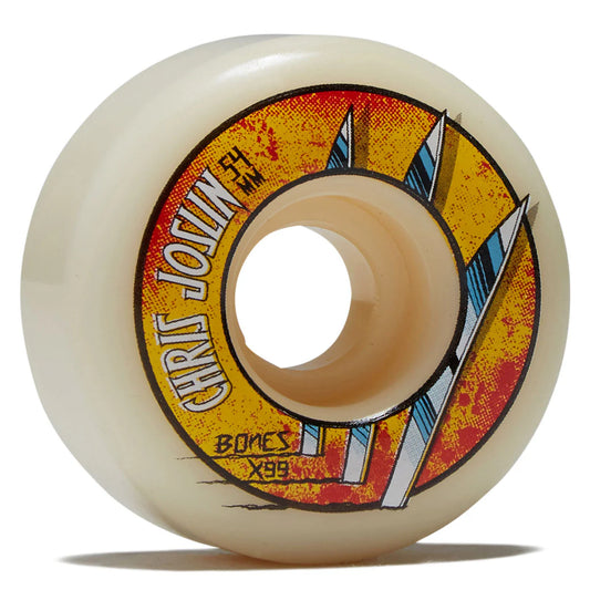 Skateboard wheel with colorful design and text on a white background