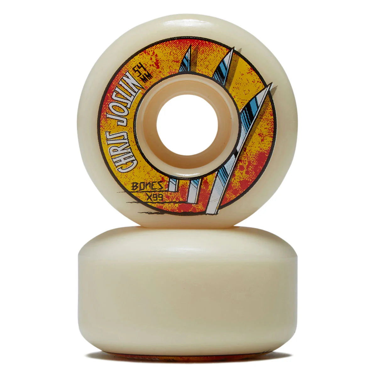 Skateboard wheels with colorful design and 'Chris Joquin' branding on a white background