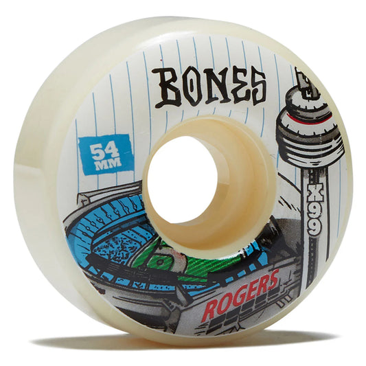 Skateboard wheel with 'Bones' and 'X99' branding on a white background