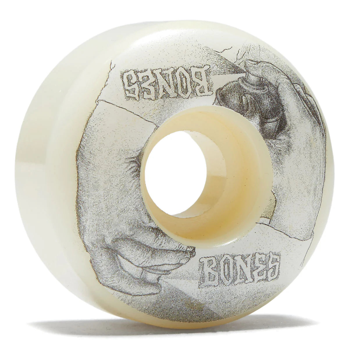 Skateboard wheel with 'Bones' branding on a white background