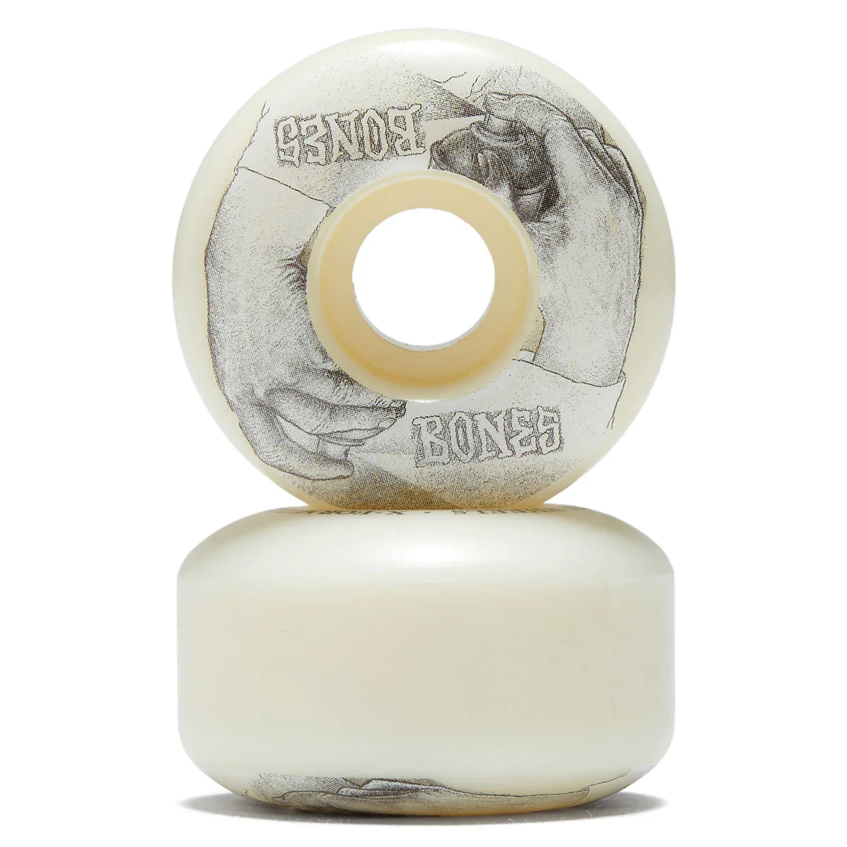 Two skateboard wheels with a white center and black and gray design on a white background