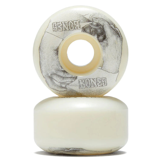 Two skateboard wheels with a white center and black and gray design on a white background