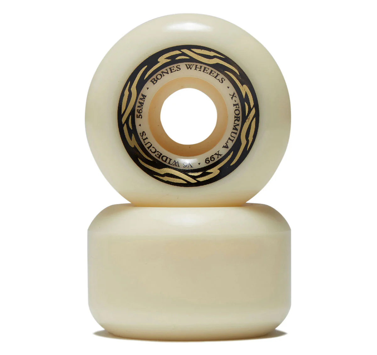 Two cream-colored skateboard wheels with black text on a white background