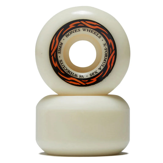 Two skateboard wheels with visible branding on a white background