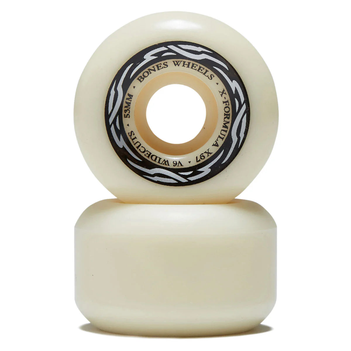 Two white skateboard wheels with a visible brand logo on a white background