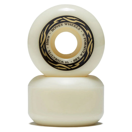 Two cream-colored skateboard wheels with black text on a white background