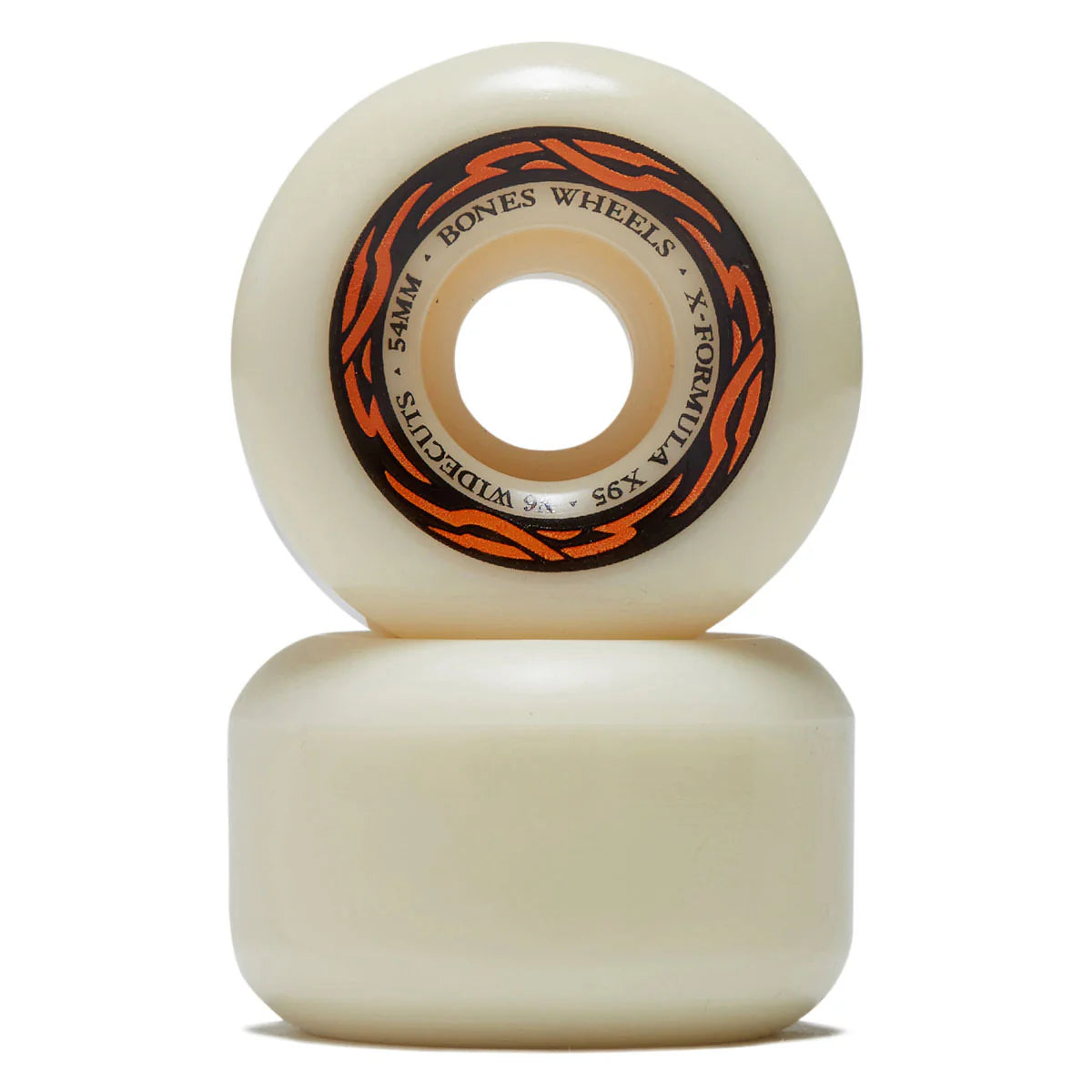 Two skateboard wheels with a visible brand logo on a white background