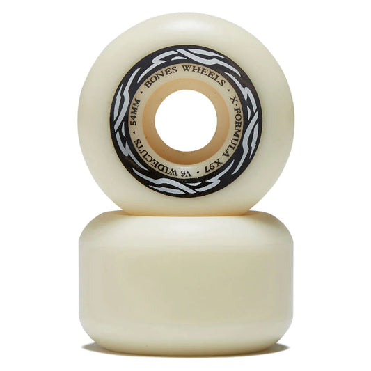 Two cream-colored skateboard wheels with a black and white logo on a white background