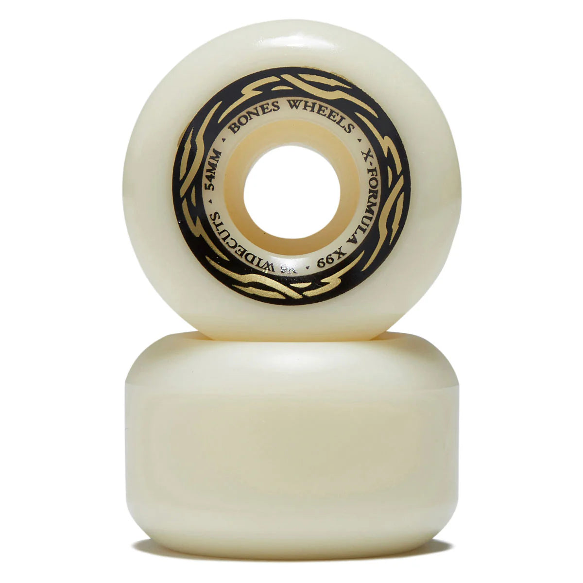 Two cream-colored skateboard wheels with a black logo on a white background